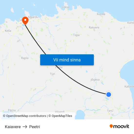 Kaiavere to Peetri map
