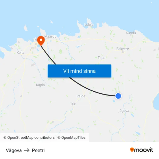 Vägeva to Peetri map