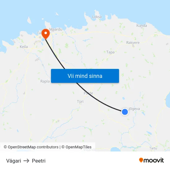 Vägari to Peetri map