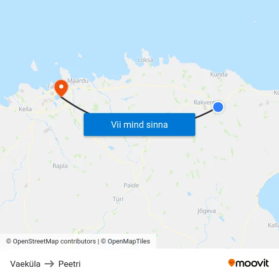 Vaeküla to Peetri map