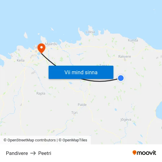 Pandivere to Peetri map