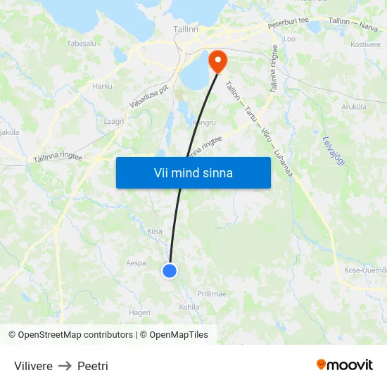 Vilivere to Peetri map