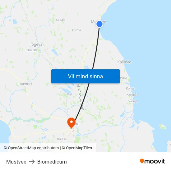 Mustvee to Biomedicum map