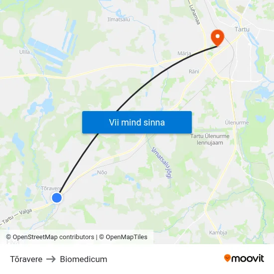 Tõravere to Biomedicum map
