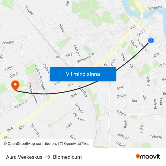 Aura Veekeskus to Biomedicum map