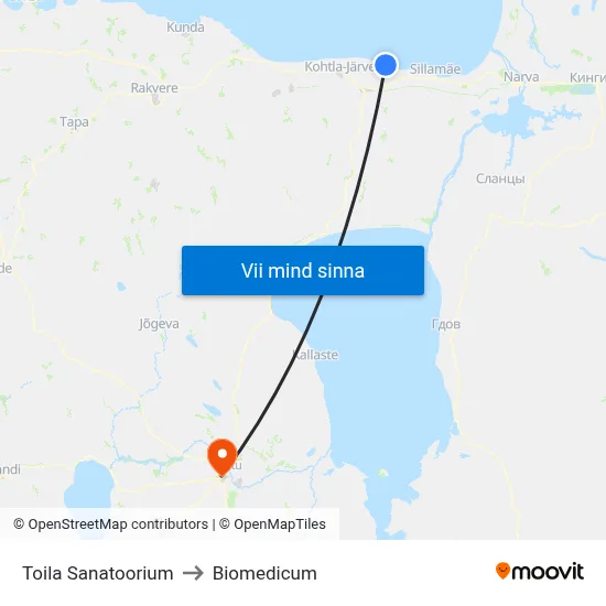Toila Sanatoorium to Biomedicum map