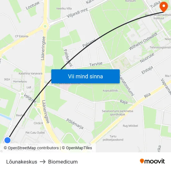 Lõunakeskus to Biomedicum map