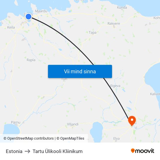 Estonia to Tartu Ülikooli Kliinikum map