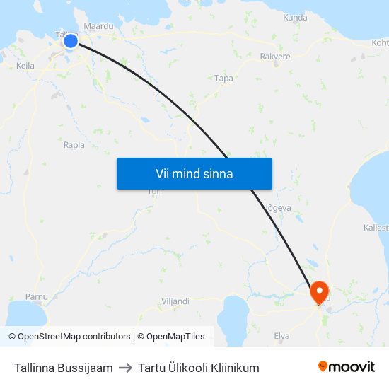 Tallinna Bussijaam to Tartu Ülikooli Kliinikum map
