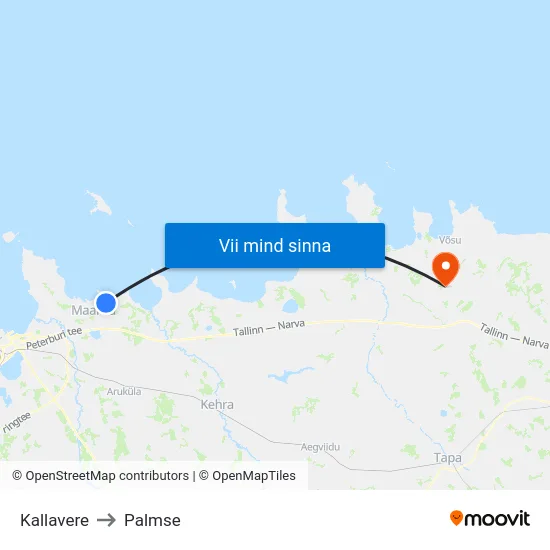 Kallavere to Palmse map