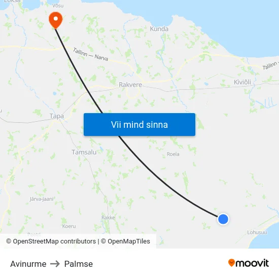 Avinurme to Palmse map