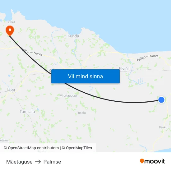 Mäetaguse to Palmse map