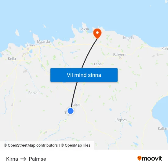 Kirna to Palmse map