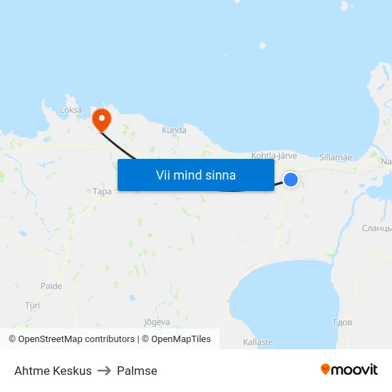 Ahtme Keskus to Palmse map