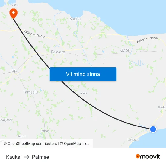 Kauksi to Palmse map