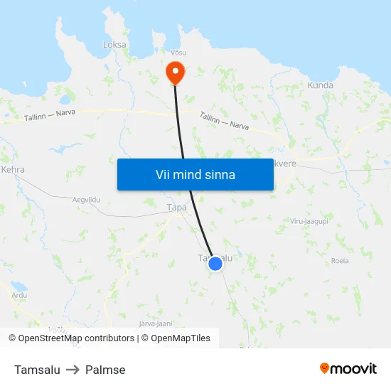 Tamsalu to Palmse map