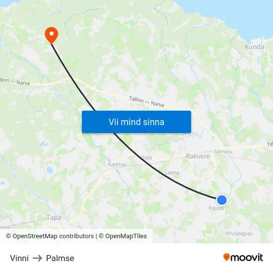 Vinni to Palmse map