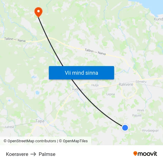 Koeravere to Palmse map