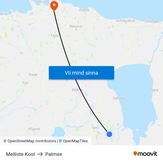 Melliste Kool to Palmse map
