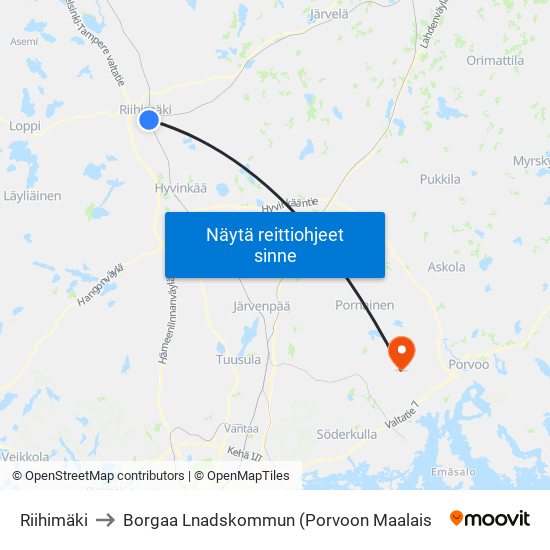 Riihimäki to Borgaa Lnadskommun (Porvoon Maalais map