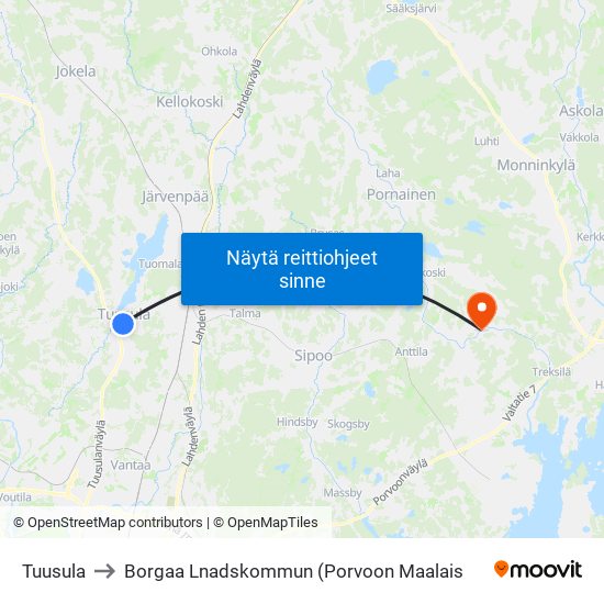 Tuusula to Borgaa Lnadskommun (Porvoon Maalais map