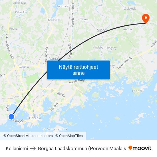 Keilaniemi to Borgaa Lnadskommun (Porvoon Maalais map