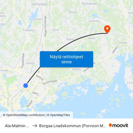 Ala-Malmin Tori to Borgaa Lnadskommun (Porvoon Maalais map