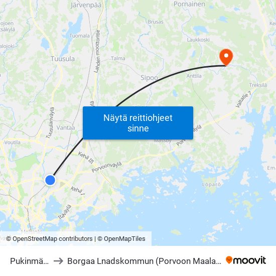Pukinmäki to Borgaa Lnadskommun (Porvoon Maalais map
