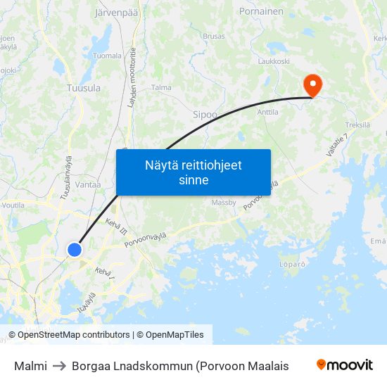 Malmi to Borgaa Lnadskommun (Porvoon Maalais map