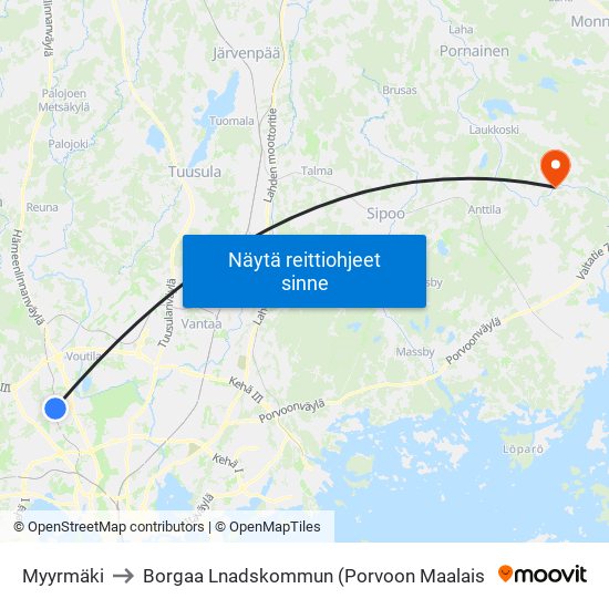 Myyrmäki to Borgaa Lnadskommun (Porvoon Maalais map