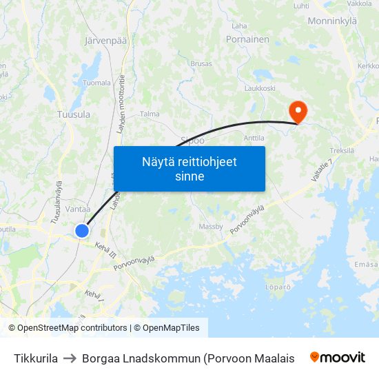 Tikkurila to Borgaa Lnadskommun (Porvoon Maalais map