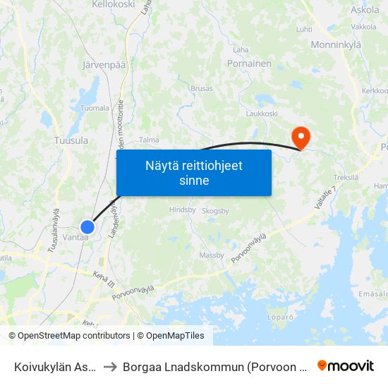 Koivukylän Asema to Borgaa Lnadskommun (Porvoon Maalais map
