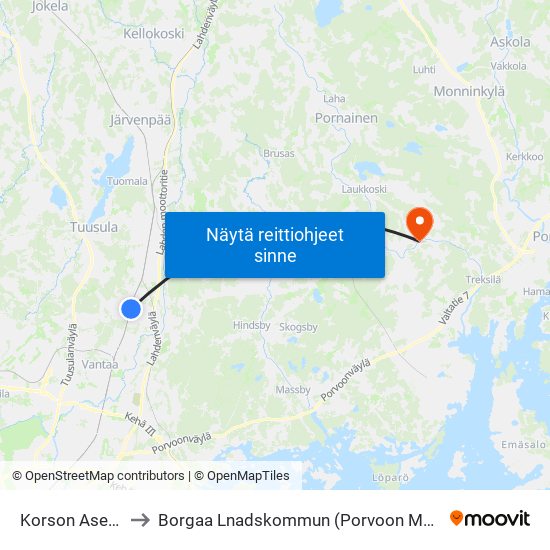 Korson Asema to Borgaa Lnadskommun (Porvoon Maalais map