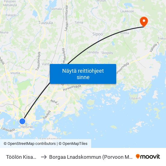 Töölön Kisahalli to Borgaa Lnadskommun (Porvoon Maalais map