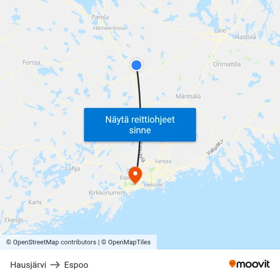 Hausjärvi to Espoo map