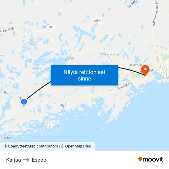 Karjaa to Espoo map