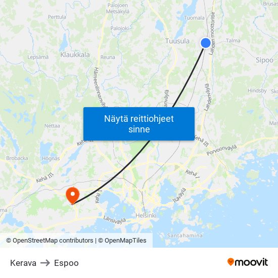 Kerava to Espoo map