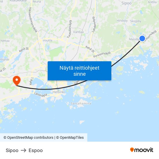 Sipoo to Espoo map