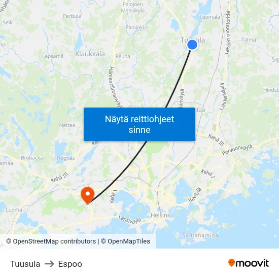 Tuusula to Espoo map