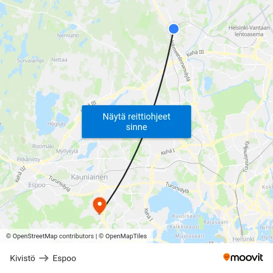 Kivistö to Espoo map