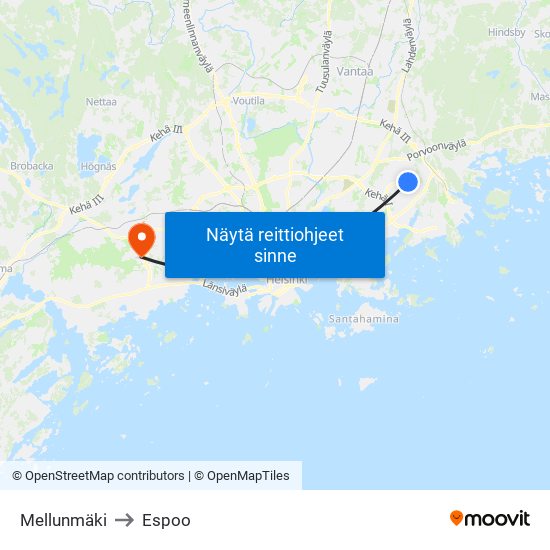 Mellunmäki to Espoo map