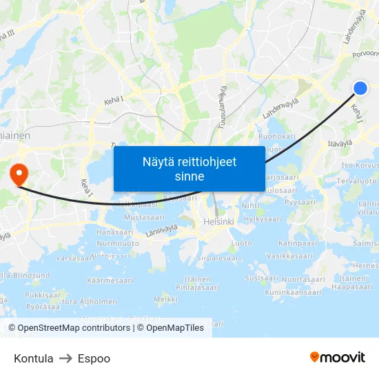 Kontula to Espoo map