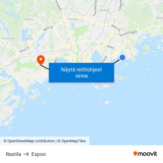 Rastila to Espoo map