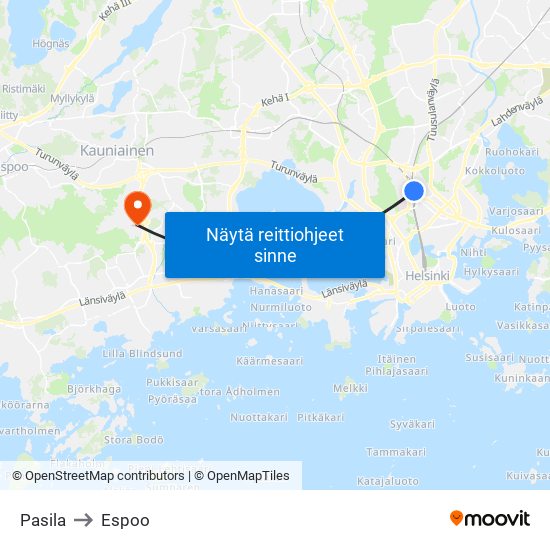 Pasila to Espoo map