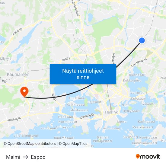 Malmi to Espoo map