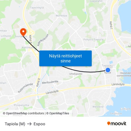 Tapiola (M) to Espoo map