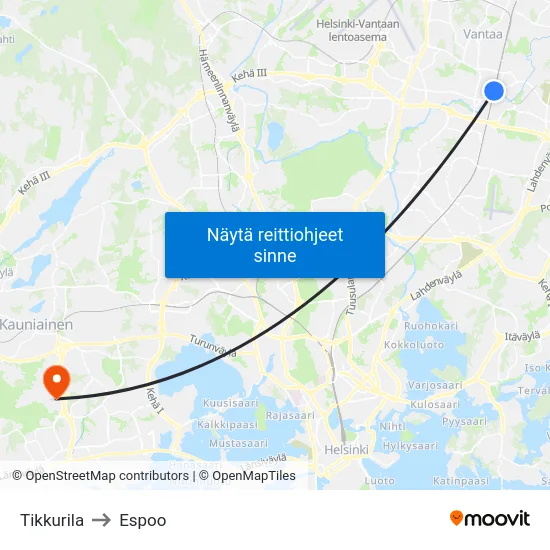Tikkurila to Espoo map