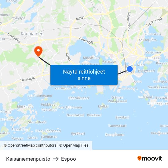 Kaisaniemenpuisto to Espoo map