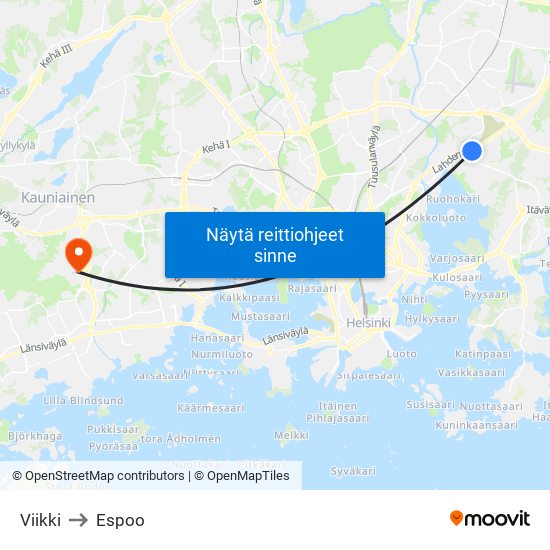 Viikki to Espoo map