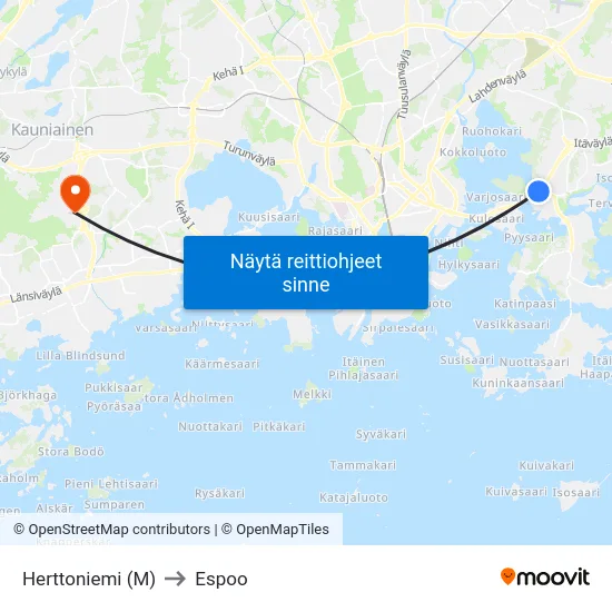 Herttoniemi (M) to Espoo map